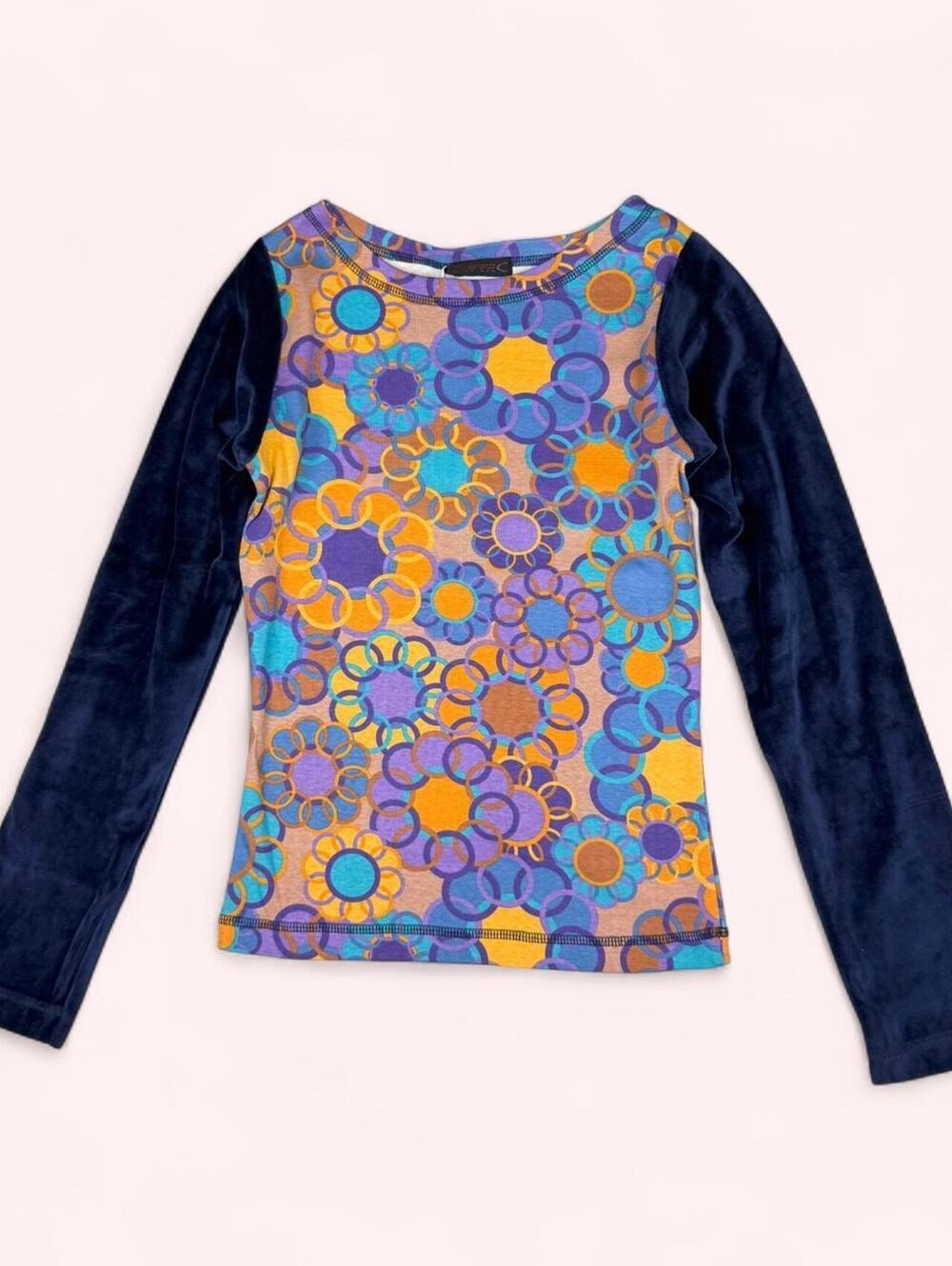 Y2K Custo Barcelona floral long sleeve top with velvet sleeves